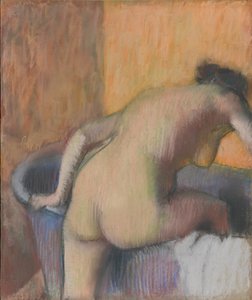 Banhista Entrando em uma cuba, c.1890 (pastel e carvão sobre papel azul colocado sobre uma tábua)