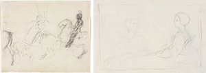 Cena de batalha com figuras blindadas a cavalo (reto) Duas mulheres sentadas (verso) de Edgar Degas