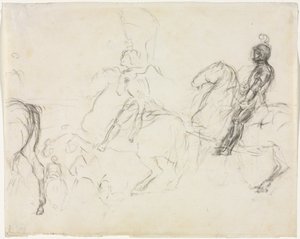 Cena de batalha com figuras blindadas a cavalo, no verso de Two Seated Women, 1856-1860. de Edgar Degas