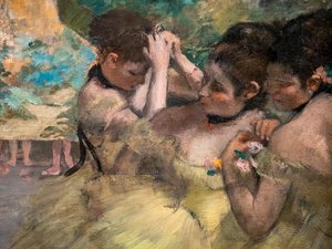 Nos bastidores (detalhe) (também conhecido como "Yellow Dancers"). 1874-1876. Óleo sobre tela. de Edgar Degas