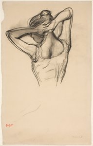 Dançarina arrumando o cabelo; meia figura de perfil para a esquerda, metade de trás de Edgar Degas