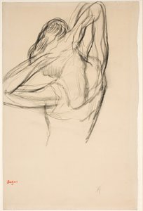 Dançarina arrumando o cabelo; meia figura de perfil para a esquerda, metade de trás de Edgar Degas