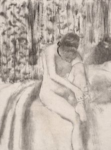 Garota calçando suas meias, 1876-77. de Edgar Degas