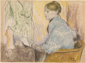 Madame Henri Rouart numa poltrona diante de uma pequena mesa com uma estatueta de Tanagra de Edgar Degas
