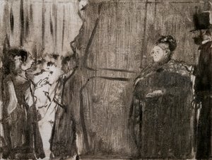 Conheça Ludivic Halevy e Madame Cardinal nos bastidores. Por volta de 1876-1877. Monotipo tem tinta preta. de Edgar Degas