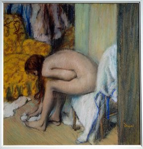 Mulher nua a limpar os pés Uma mulher tem a sua sanita. Pintura (monotipo em tinta preta) por Edgar Degas (1834-1917). 1879-1893. Dim. 0,45x0,23 m. Paris, Musee d