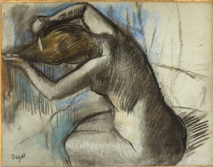 Mulher nua sentada escovar os cabelos, c.1885 (carvão e pastel em papel azul)