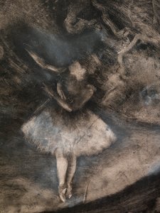 O Mestre do Ballet (detalhe) (executado em colaboração com Ludovic Lepic). 1876. Monotipo em tinta preta com destaques em giz branco de Edgar Degas