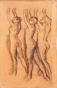 Três dançarinos em Bodysuits, com os braços levantados, de Edgar Degas
