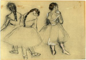 Três bailarinas: carvão e pastel sobre papel (cerca de 1880) de Edgar Degas (1834-1917) - coleção particular - dança, ballet, tutu, chinelos, ópera - cabelo, cabelo - de Edgar Degas