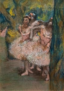Três dançarinos de saias de salmão. 1904-1906. Pastel em papel maroufle em papelão. de Edgar Degas