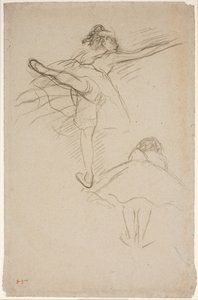 Dois estudos de bailarinas. Acima, dançarina em pé na perna esquerda; abaixo, dançarino inclinado para a frente visto de trás de Edgar Degas