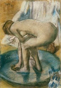 Mulher, banhar-se, raso, banheira, 1885, (carvão vegetal, pastel, luz, verde, wove, papel, colocado, seda, aparafusar