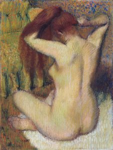 Mulher penteando o cabelo, c.1888-90 (pastel em papel de luz verde wove anexado ao monte)