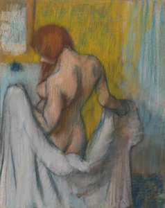 Mulher com uma toalha, 1894 ou 1898 (pastel em papel de cor creme com fibras vermelhas e azuis) de Edgar Degas