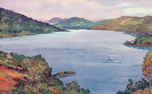 Um vislumbre do grande lago artificial do Ribeirão das Lajes, construído pela Rio de Janeiro Tramway, Light and Power Company (lito a cores) de Edgar L. Pattison