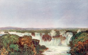 Vista Parcial das Cataratas do Iguaçu, Entroncamento Brasil, Paraguai e Argentina, Abordado do Norte pelo Sistema da Companhia Ferroviária do Brasil (lito a cores)