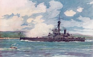 O Super-Dreadnought brasileiro "Minas Geraes" se aproximando do Rio (lito colorido)
