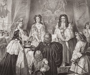 A coroa oferecida a William e Mary pelos Lordes e Commons em Whitehall, em 12 de fevereiro de 1689, de "Ilustrações da História Escocesa e Inglesa", Volume II