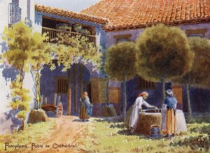 Norte da Espanha: Pamplona, A Patio perto da Catedral (lito a cores) de Edgar T. A. Wigram