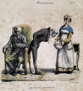 Doente, médico a olhar para a panela e criado. Desenho animado da moral parisiense de Pigal (século XIX), conservado no Musee Dobree em Nantes. de Edme Jean (after) Pigal