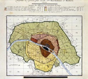 Detalhe do Atlas du Plan General de la Ville de Paris, mostrando as diferentes adições ao longo da história da cidade de Edme Verniquet