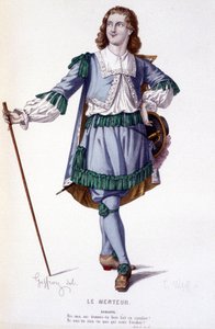 A personagem Dorante na comédia Le Menteur - Full Theatre: (Colecção de peças de Corneille) desenho de Geffroy, gravura de L. Wolff - ed. Laplace, Sanchez et Cie, Paris 1884
