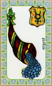 tarot do mago Belline desenhado por Edmond Billaudot c. 1845 e entregue ao clarividente Belline para reedição: carta do dinheiro: moedas num corno de abundância de Edmond Billaudot
