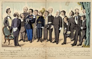 Cartoon on French society by Lavrate: as diferentes figuras da função pública, serviços administrativos... numa recepção oficial. 1880