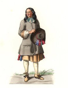 Camponês francês do século XVII, após uma gravura de 1679, de Jean Saint Jean - Litografia de uma ilustração de Edmond Lechevallier-Chevignard (1825-1902), de "Costumes historiques des 16e de Edmond Lechevallier Chevignard