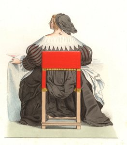 Mulher francesa do século XVII, de uma gravura de Abraham Bosse (1602-1676) - Litografia de uma ilustração de Edmond Lechevallier-Chevignard (1825-1902), de "Costumes historiques des 16th de Edmond Lechevallier Chevignard