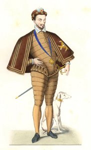 Rei Henrique III da França (1551-1589), usando o colar da Ordem do Espírito Santo - Litografia depois de uma ilustração de Edmond Lechevallier-Chevignard (1825-1902), de "Costumes historiques des 16th