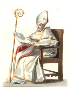 Eveque espanhol do século XVI, baseado numa pintura de Bartolome Murillo (1617-1682) - Litografia baseada numa ilustração de Edmond Lechevallier-Chevignard (1825-1902), de "Costumes historiques des 16th de Edmond Lechevallier Chevignard