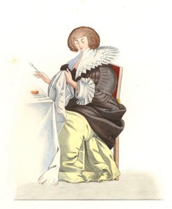 Mulher da nobreza francesa do século XVI, após uma gravura de Abraham Bosse (1602-1676) - Litografia de uma ilustração de Edmond Lechevallier-Chevignard (1825-1902), de "Costumes historiques des 16th de Edmond Lechevallier Chevignard