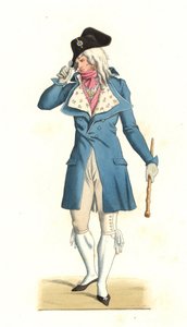 Jovem francês nascido à moda dos Incríveis do século XVIII, depois de uma pintura de Carle Vernet (1758-1836) - Litografia de uma ilustração de Edmond Lechevallier-Chevignard (1825-1902), de "Costumes historiques des 16e de Edmond Lechevallier Chevignard