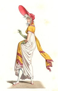 Jovem francesa vestida à moda do Maravilhoso do século XVIII, depois de uma pintura de Carle Vernet (1758-1836) - Litografia depois de uma ilustração de Edmond Lechevallier-Chevignard (1825-1902), de "Costumes historiques des 16th de Edmond Lechevallier Chevignard