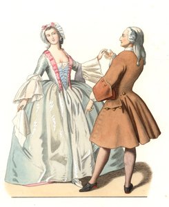 Mestre de dança e um jovem veneziano, leão de dança na Itália do século XVIII, baseado numa pintura de Pietro Longhi (1701-1785) - Litografia baseada numa ilustração de Edmond Lechevallier-Chevignard (1825-1902), extraída de "Trajes Históricos do século XV de Edmond Lechevallier Chevignard
