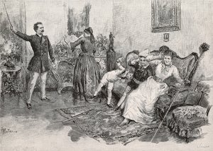 Duas mulheres e duas crianças assustadas por intimidar o homem, gravura da ilustração de Edoardo Matania para o livro Vida militar na Itália de Edmondo De Amicis (1846-1908), da L