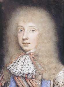 Retrato de Edward Stuart, comprimento do busto, com esvoaçantes cabelos e renda, de Edmund Ashfield