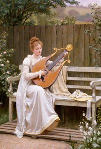 "Con Amore" Mulher jovem tocando lira. Pintura de Edward Blair Leighton (1853-1922) 1895