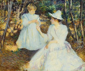 Mãe e filho em bosques de pinheiros de Edmund Charles Tarbell