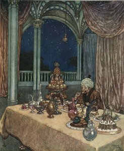 A Bela e o Monstro: O pai de Belle chega ao castelo e descobre uma mesa cheia de víveres, c.1910 (litografia) de Edmund Dulac