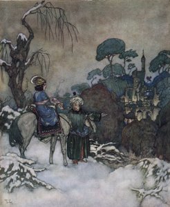 A Bela e o Monstro: a Bela, tendo aceite tomar o lugar do seu pai prisioneiro da Bete para o libertar, dirige-se para o castelo, c.1910 (litografia) de Edmund Dulac