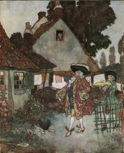 Cinderela (Cinderella): o ministro, procura em todas as casas e chalés do reino a rapariga que perdeu o seu sapatinho de vair c.1910 (litografia) de Edmund Dulac