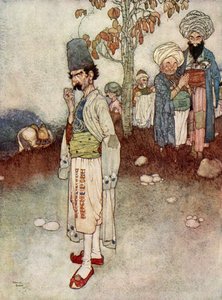 Assumiu um disfarce adequado ao seu objetivo, ilustração de "Ali Babá e os Quarenta Ladrões de Edmund Dulac