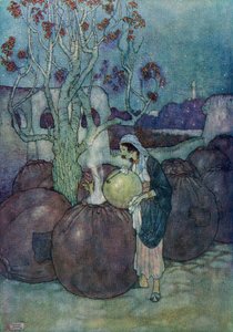 Morgiana deitou em cada frasco, à vez, uma quantidade suficiente de óleo a ferver, ilustração de "Ali Babá e os Quarenta Ladrões de Edmund Dulac