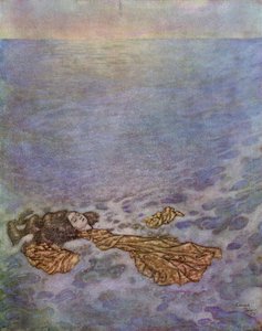 Olhou mais uma vez para o príncipe, com os olhos já ofuscados pela morte, depois lançou-se ao mar e caiu, com o corpo a dissolver-se em espuma, iIlustração de "A Sereia de Edmund Dulac