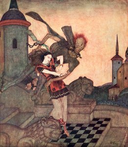"O Príncipe, olhando para fora, viu-o agarrar a Princesa e voar rapidamente para longe", ilustração do conto de fadas sérvio A História de Bashtchelik, do Fairy-Book de Edmund Dulac: Contos de Fadas das Nações Aliadas, pub.1916 de Edmund Dulac