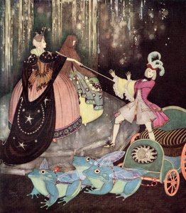 "O príncipe apanhou uma carruagem puxada por três grandes sapos com grandes asas. Truitonne saiu misteriosamente por uma pequena porta", ilustração do conto de fadas francês O Pássaro Azul, do Fairy-Book de Edmund Dulac: Fairy Tales of the Allied Nations, 