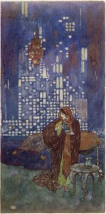 A taça de vinho que ela lhe dá todas as noites contém uma bebida para dormir", ilustração de "King of the Ebony Isles de Edmund Dulac